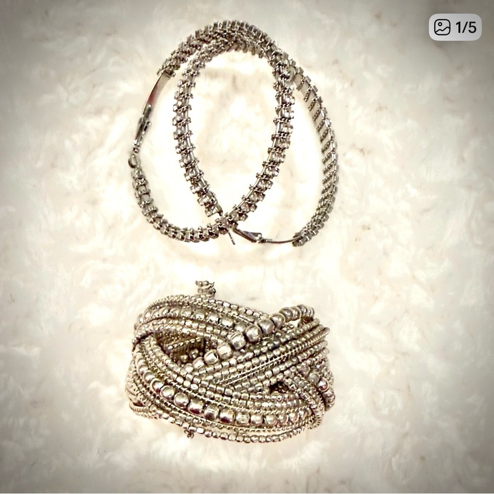 Silver Rhinestone Hoop Earrings & Beaded Cuff Bracelet Set